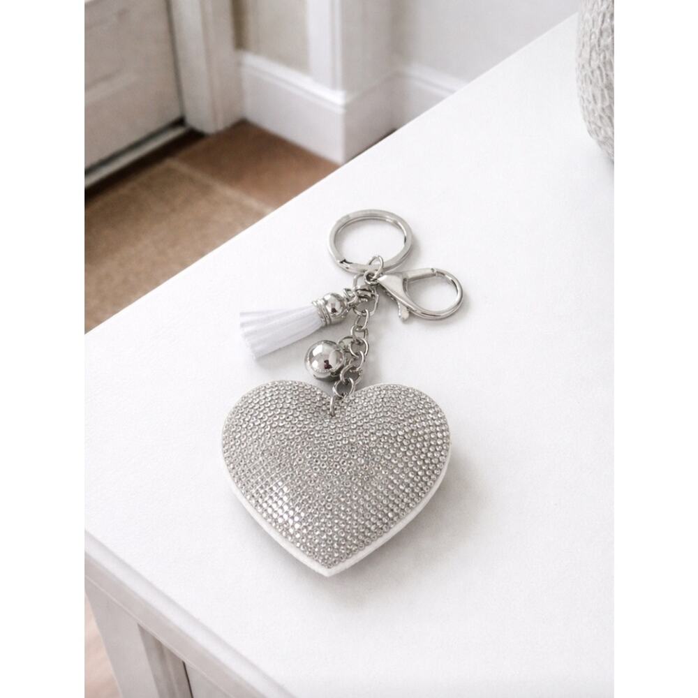 Rhinestone White Heart Bag Charm Key Chain New